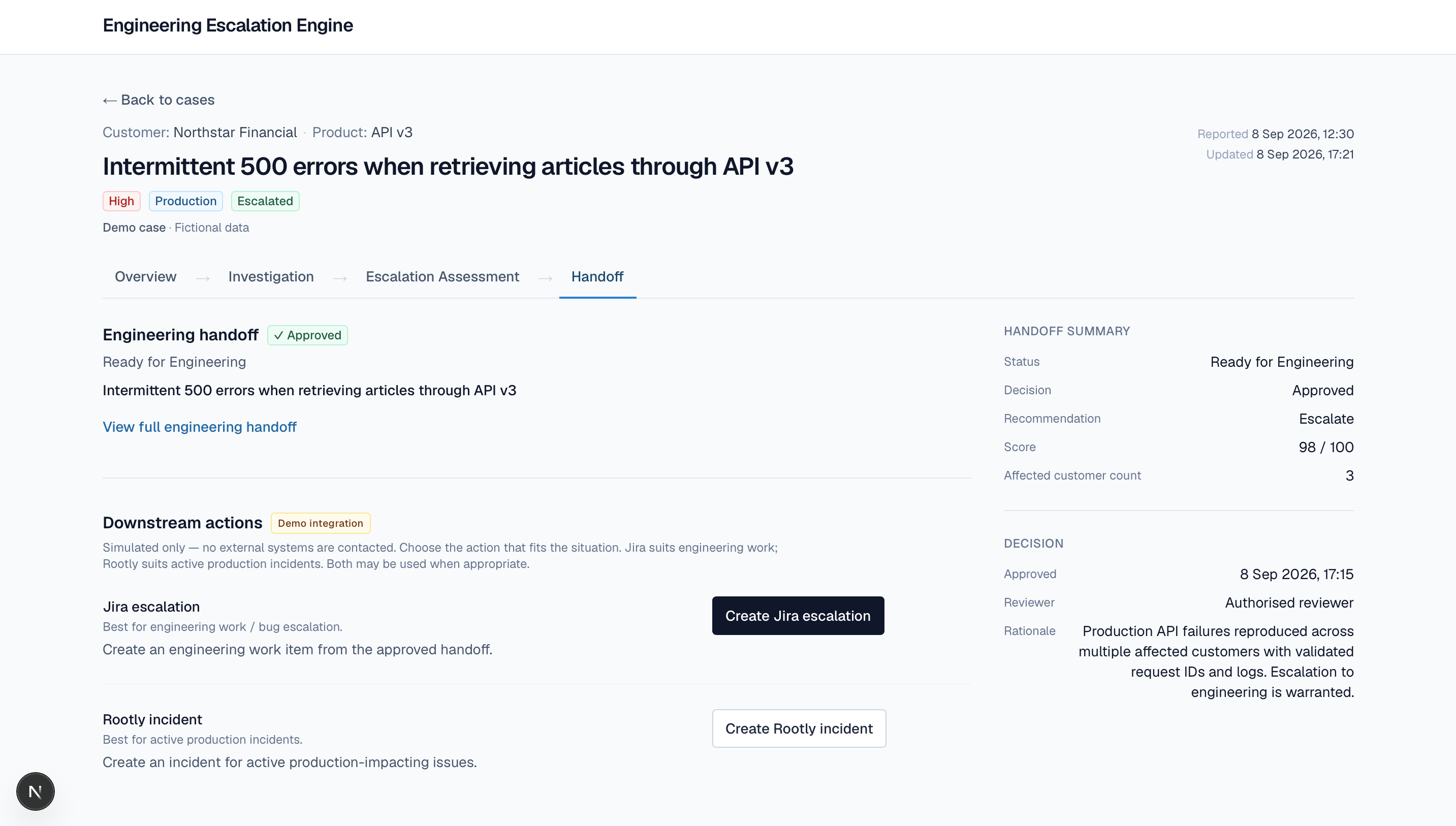 Approved engineering handoff with simulated Jira and Rootly actions
