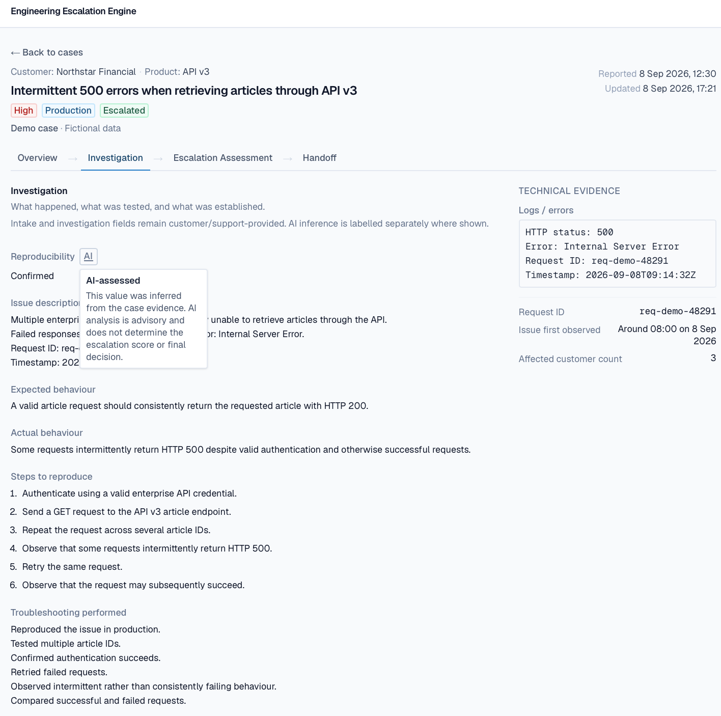 Investigation view showing technical evidence and labelled AI-assessed reproducibility